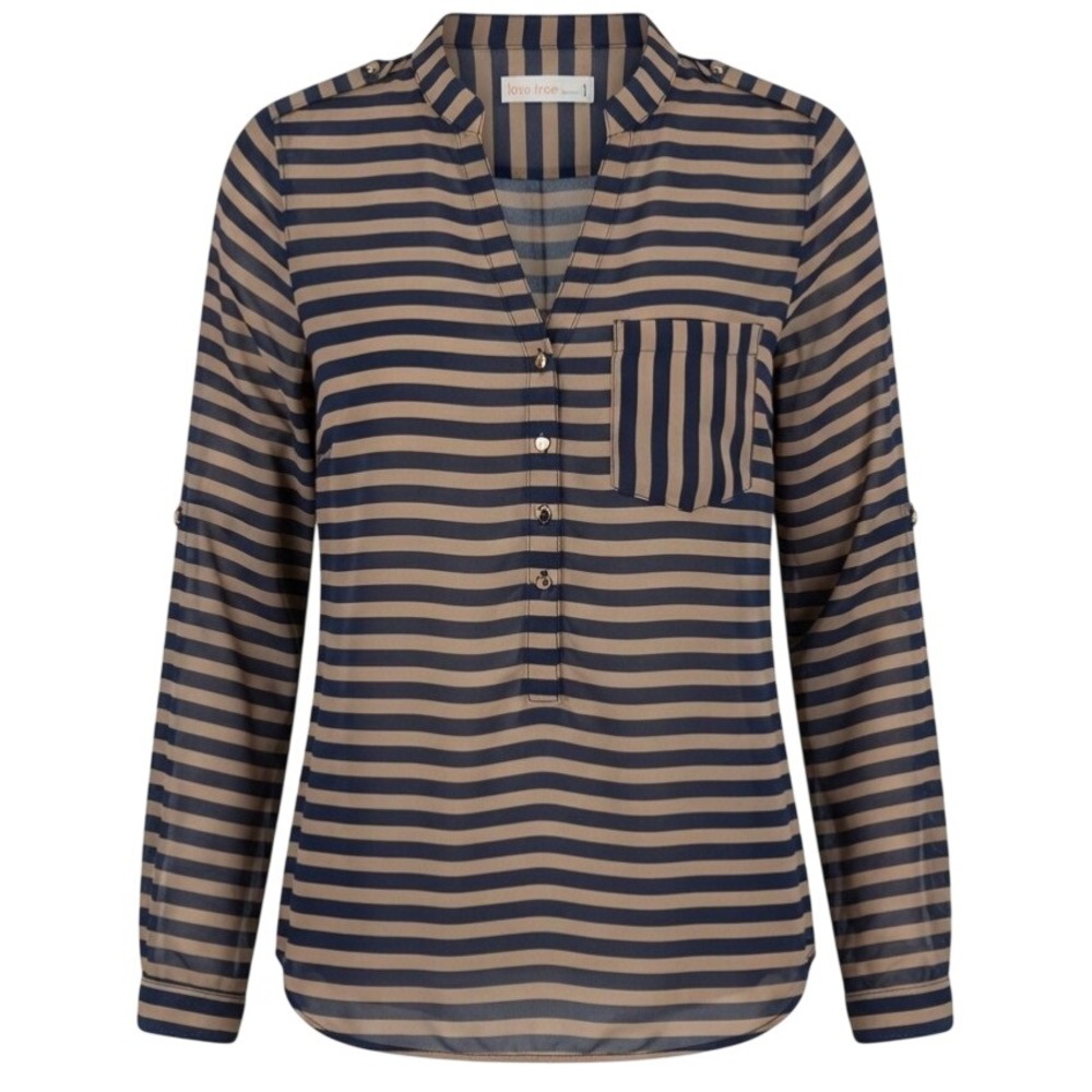 Love Tree Striped Button Front Blouse Navy Beige Small Roll Tab Sleeve Epaulette